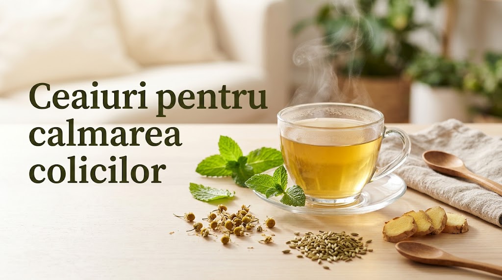 Ceai cald din plante medicinale pentru calmarea colicilor și durerilor abdominale