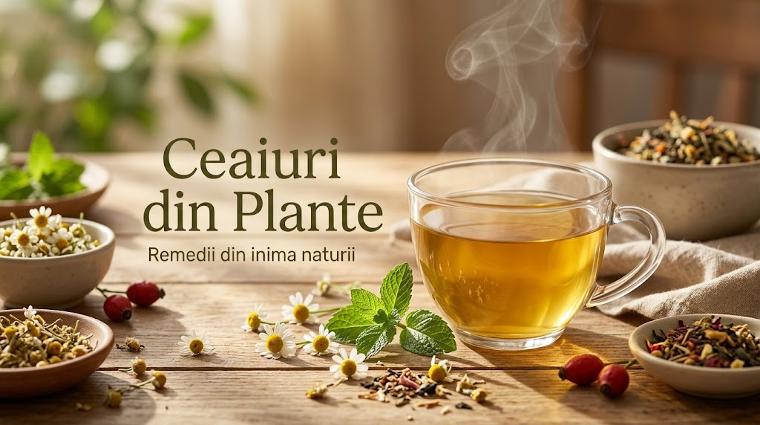 Ceașcă cu infuzie din plante medicinale, flori de mușețel, mentă și măceșe.