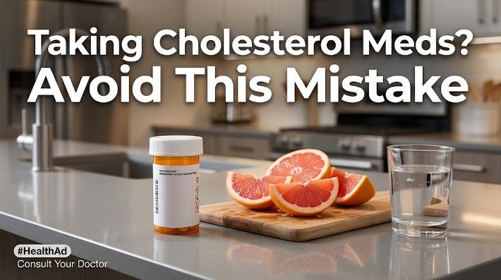 Cholesterol pill bottle with sliced grapefruit on kitchen counter