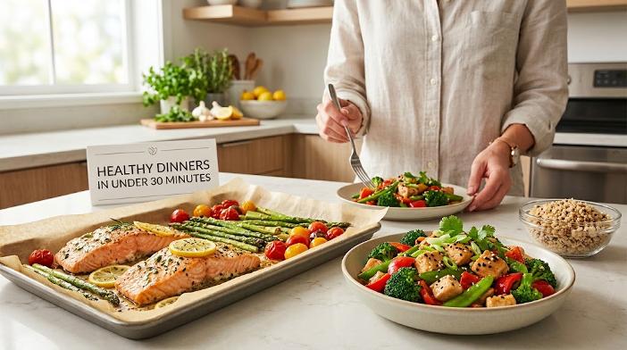 Healthy clean eating sheet pan salmon and chicken stir fry meals under thirty minutes