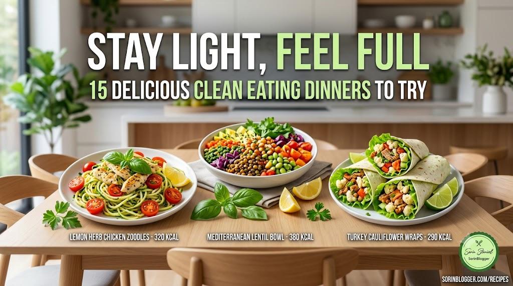 Clean eating dinners on a modern wooden table, fresh zoodles, lentil bowl, and wraps.