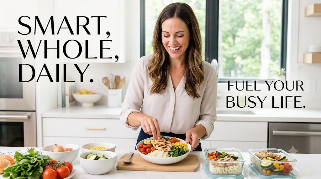 Woman preparing clean eating healthy meals for a busy lifestyle in a modern kitchen.