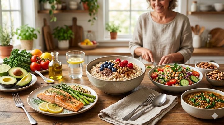 Delicious heart-healthy clean meals like salmon, oats, and salad to naturally lower cholesterol.
