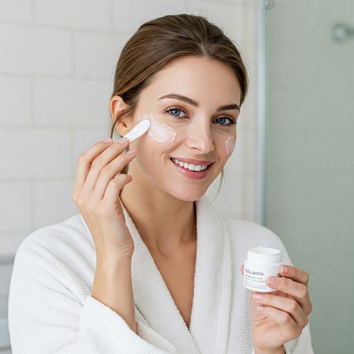 O femeie caucaziană zâmbitoare, cu un păr șaten lung, poartă un halat alb și aplică cremă de colagen pe față folosind o spatulă mică. Ea ține în mână un borcănel cu cremă de colagen și are pete de cremă pe obraji. Fundalul prezintă o baie modernă, curată, cu faianță albă și o ușă de duș parțial vizibilă, creând o atmosferă relaxantă și îngrijită. Femeia pare mulțumită și se concentrează pe rutina ei de îngrijire a pielii.