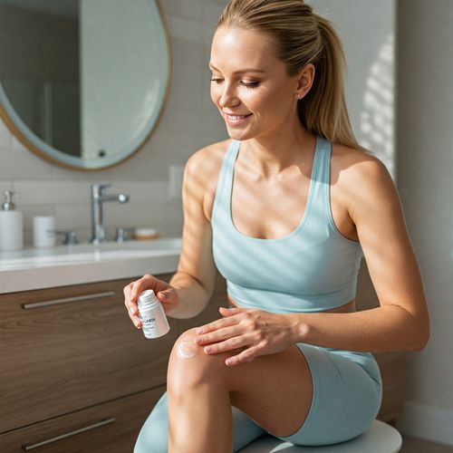 O femeie caucaziană, cu un ten tânăr și radiant, aplică o cremă cu colagen pe articulația genunchiului. Părul ei blond este prins într-o coadă de cal, iar ea poartă o ținută sport confortabilă, de culoare albastru deschis. Fotografia este realizată într-o baie modernă, bine iluminată, cu un blat alb elegant și o oglindă mare care reflectă lumina naturală a soarelui care pătrunde printr-o fereastră din apropiere. Imaginea surprinde expresia ei relaxată în timp ce își îngrijește articulațiile. Este o fotografie de înaltă calitate, în stil studio, care se concentrează pe fața și mâinile ei relaxate în timp ce aplică colagenul. Scena transmite o senzație de bunăstare și îngrijire personală, subliniind o abordare sănătoasă a îmbătrânirii și a îngrijirii articulațiilor.