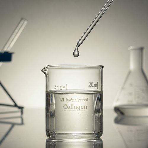 Imaginea prezintă o probă de colagen hidrolizat într-un pahar Erlenmeyer transparent, așezat pe o suprafață albă, sterilă. Lichidul colagenului, de o claritate cristalină, este ușor vâscos și prezintă o nuanță subtilă de alb perlat, sugerând puritate și calitate superioară. Lumina este difuză, accentuând textura delicată a colagenului și transparența vasului. În fundal, se pot observa instrumente de laborator moderne, ușor estompate, precum o pipetă și un microscop, consolidând impresia unui mediu științific riguros. Imaginea este realizată într-un stil profesional, cu o atenție deosebită acordată detaliilor, evidențiind aspectul natural și eficacitatea colagenului hidrolizat.