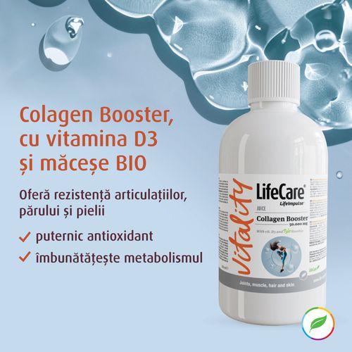 imaginea prezinta o sticla de collagen booster life care si in partea stanga cateva informatii scrise despre acest produs.