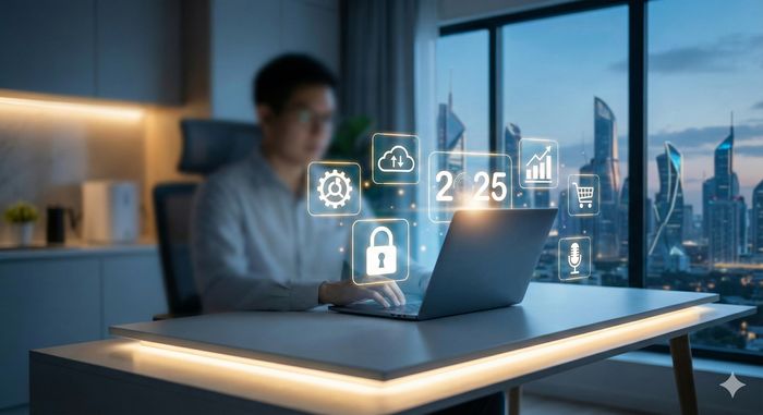 O persoană lucrează la un laptop într-un birou modern pe timp de noapte, având deasupra un afișaj holografic cu pictograme digitale care includ un nor, o roată dințată, un lacăt, un grafic de creștere, un cărucior de cumpărături, un microfon și anul