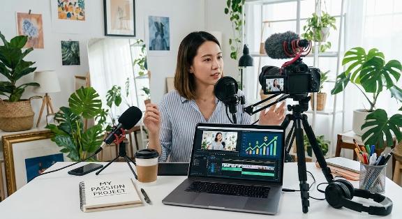 Spațiu de lucru creativ cu laptop și câștiguri financiare la vedere, simbolizând succesul unui creator de conținut care a reușit să își transforme pasiunea în bani.