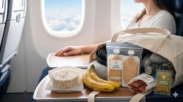 Crohn's travel snacks like bananas and rice cakes on an airplane tray table.