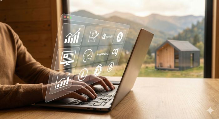 O persoană lucrează la un laptop cu o interfață grafică transparentă ce afișează diverse simboluri legate de venituri online, cum ar fi grafice, platforme de freelancing și criptomonede, cu un peisaj montan în fundal, ilustrând oportunitățile digitale în România.