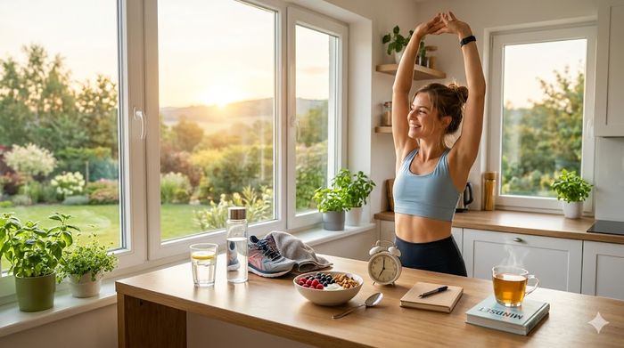 Woman stretching in sunlit kitchen with water and healthy breakfast for a metabolism reset.