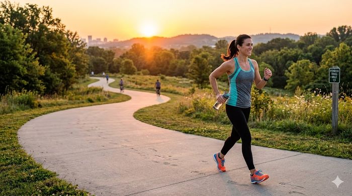 Woman power walking on a scenic park path at sunset for daily weight loss fitness routine.