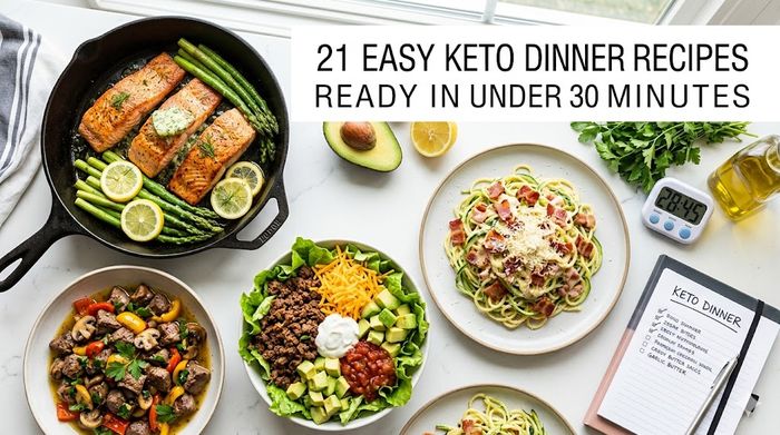 Quick keto dinner meals: salmon, steak, and salads. 