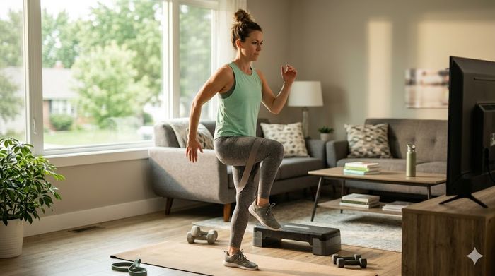 Fit woman performs low-impact fat-burning home workout with resistance band in living room.