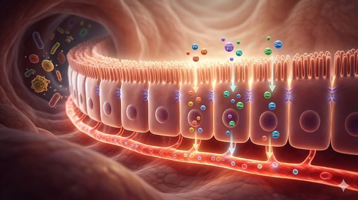 Healthy gut lining absorption: vibrant visualization of efficient nutrient uptake.