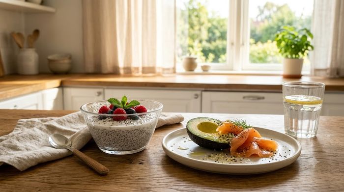No-egg keto breakfast with chia pudding, avocado, and smoked salmon.