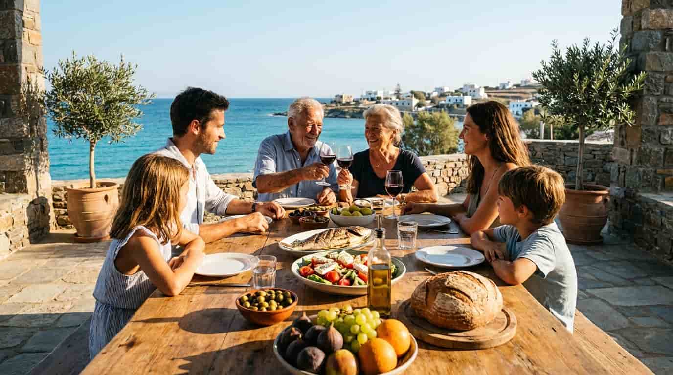 A happy multi-generational family enjoying a healthy Mediterranean meal outdoors by the sea.