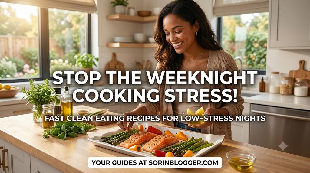 Woman cooking fast clean eating sheet pan salmon dinner