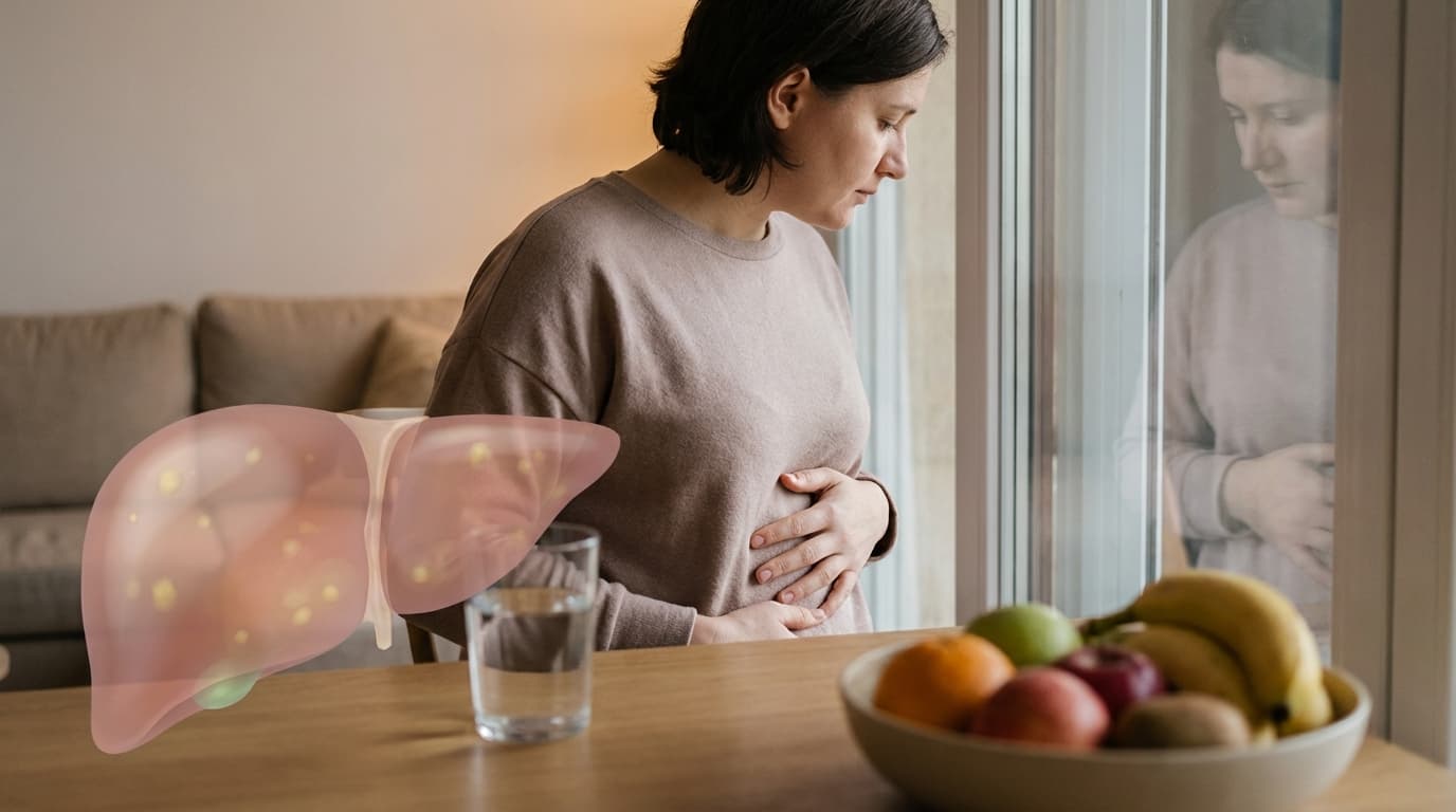 Woman holding stomach with liver overlay showing spots next to fresh fruit and a glass of water.