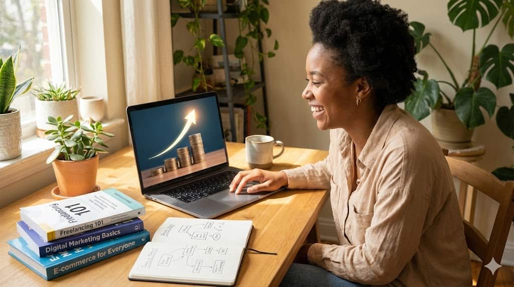 Începător folosind laptopul pentru a învăța cum să facă bani online, ghid pas cu pas.