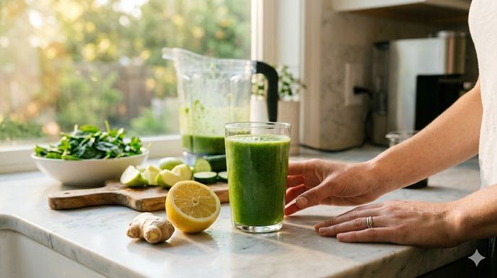 Fresh green detox drink in a glass with ingredients for clear glowing skin in a bright morning kitchen.