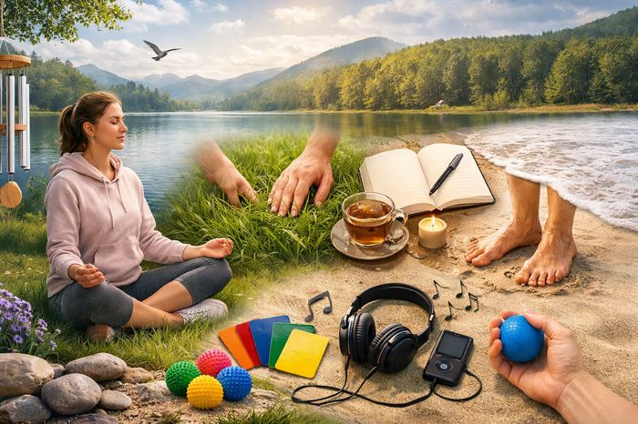 Collage of sensory grounding techniques for anxiety relief: meditation, touching grass, and journaling.