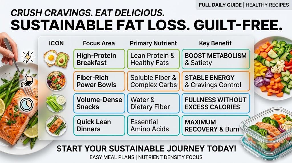 Infographic for guilt-free healthy recipes for sustainable weight loss with meal prep and high-protein ideas