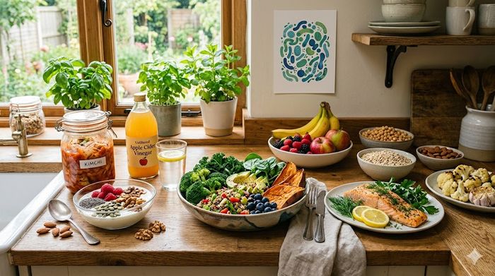 Best gut-healing diet foods for a healthy microbiome: wild salmon, kimchi, yogurt, and berries on a counter.