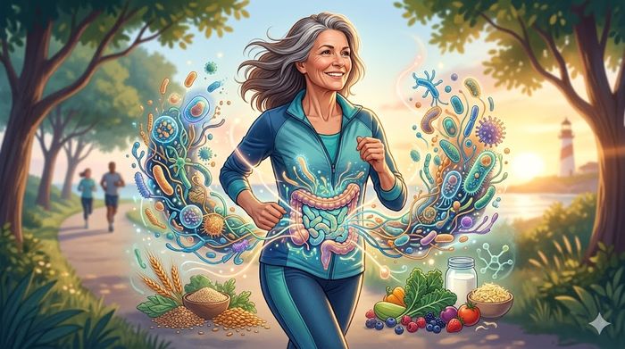 Healthy woman over 40 jogging with a glowing, diverse gut microbiome illustration.