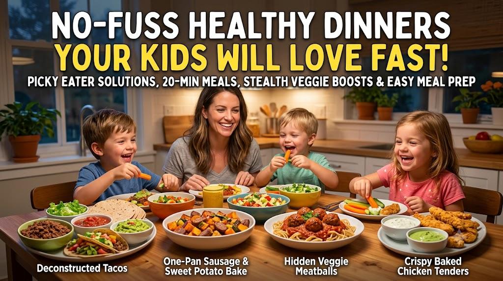 Happy US family enjoying healthy 20-minute dinners with deconstructed tacos, meatballs, and chicken tenders