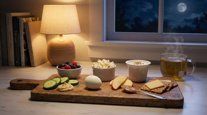 Healthy low calorie late-night snacks spread including popcorn, fruit, and yogurt for weight loss before bed.
