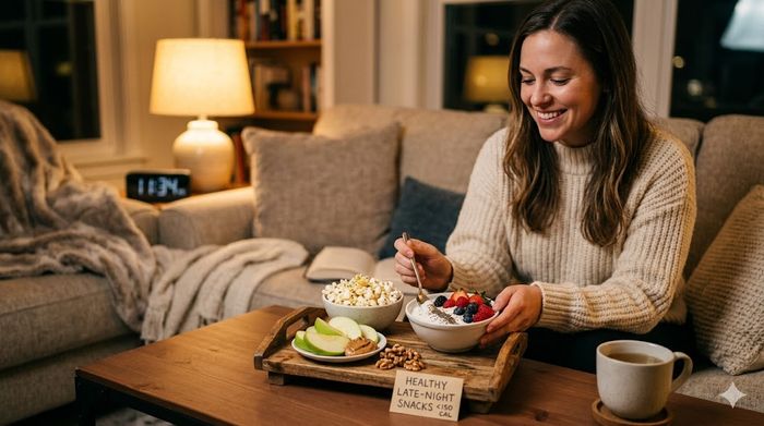 Smiling woman in cozy living room with a tray of healthy late-night snacks under 150 calories.
