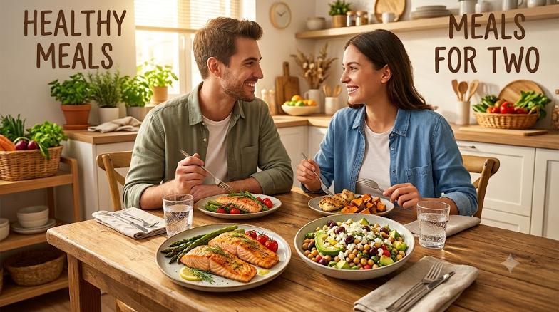 Couple smiling over healthy meals for two in kitchen.