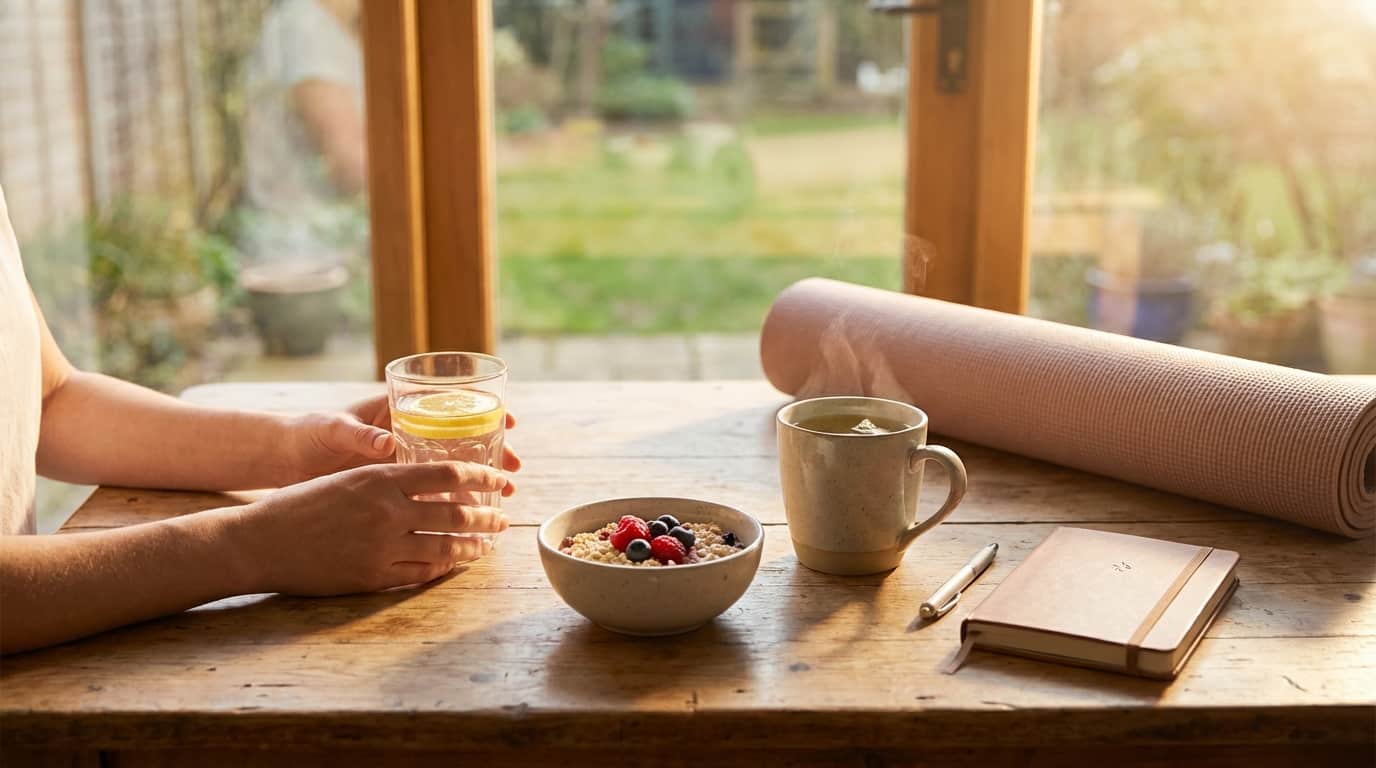 Mindful morning routine featuring oatmeal, lemon water, tea, and a yoga mat by a sunny window.