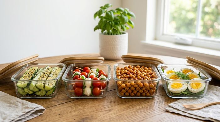 Healthy crunchy snacks in meal prep containers on a kitchen table.