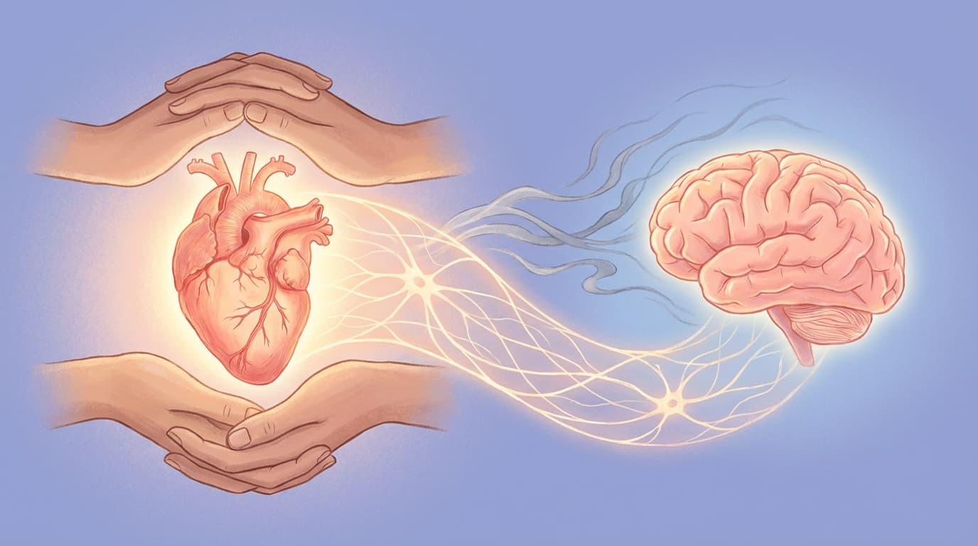 Illustration of neural connections between a human heart held in hands and a glowing brain.