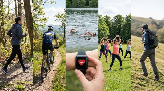 Top outdoor exercises for heart health: running, cycling, swimming, with a heart rate smartwatch.