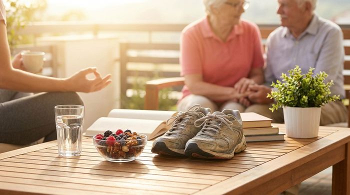 Heart healthy lifestyle: running shoes, mixed berries, water, and relaxing on a sunny patio.