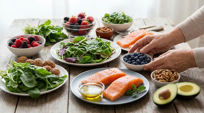 Heart-healthy longevity foods: fresh salmon, blueberries, spinach, nuts, and avocado on a table.