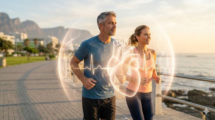 Couple over 40 running with protective heart, EKG, and DNA overlay for longevity science.