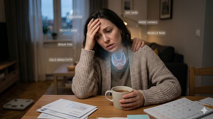 A weary woman showing 7 hidden signs of an underactive thyroid like exhaustion, mood swings, and joint pain.