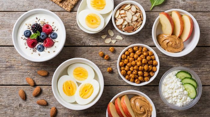Healthy high-protein snacks like eggs, Greek yogurt, almonds, and chickpeas arranged on a wooden table.