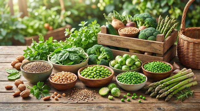 Fresh high-protein vegetables like peas, spinach, and broccoli on a table for a plant-based diet.