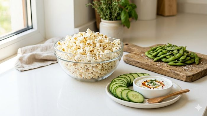 High-volume low-calorie snacks including fresh popcorn and sliced cucumbers on a sunlit counter.