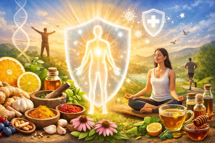 Holistic immune boost concept: glowing body shield, healthy foods, herbs, and a meditating woman.