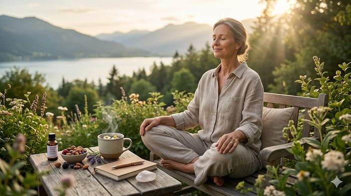 A serene woman meditating in mountains with tea & oils for natural anxiety relief.