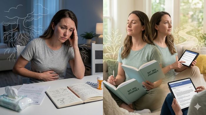 Woman managing mental and physical toll of IBD Crohn's disease, with coping tools.