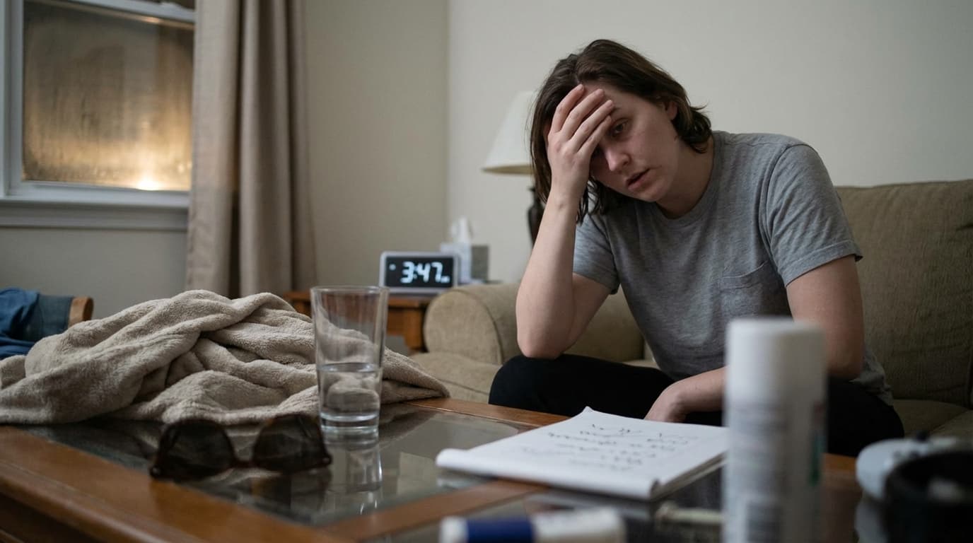 Exhausted woman sitting on sofa at 3:47 AM, hand on forehead, struggling with insomnia and stress.