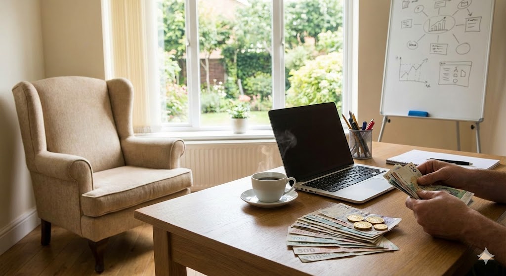 Birou de acasă modern și confortabil, echipat cu laptop și documente financiare, ilustrând oportunități de joburi la domiciliu bine plătite și independență financiară.